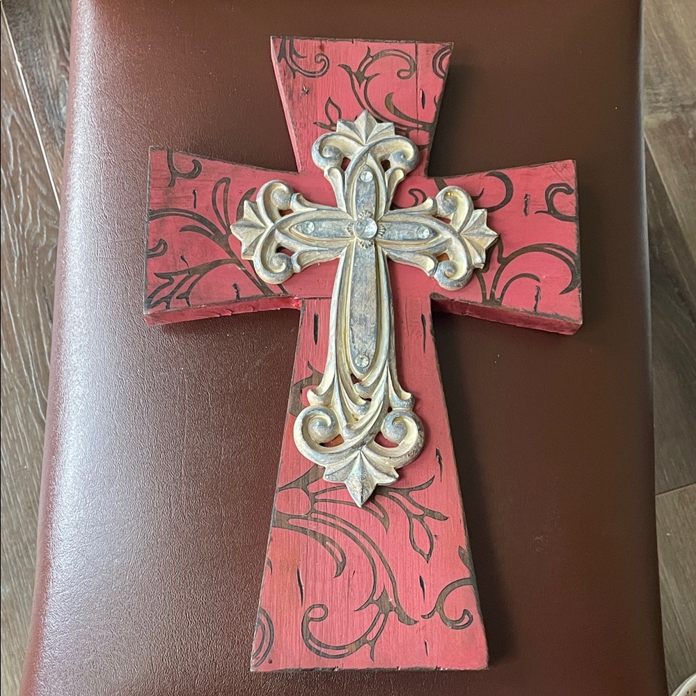 Decorative Red Wooden Cross with Ornate Silver Accent 12” x 8”